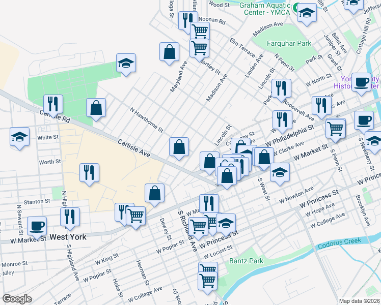 map of restaurants, bars, coffee shops, grocery stores, and more near 801 Linden Avenue in York