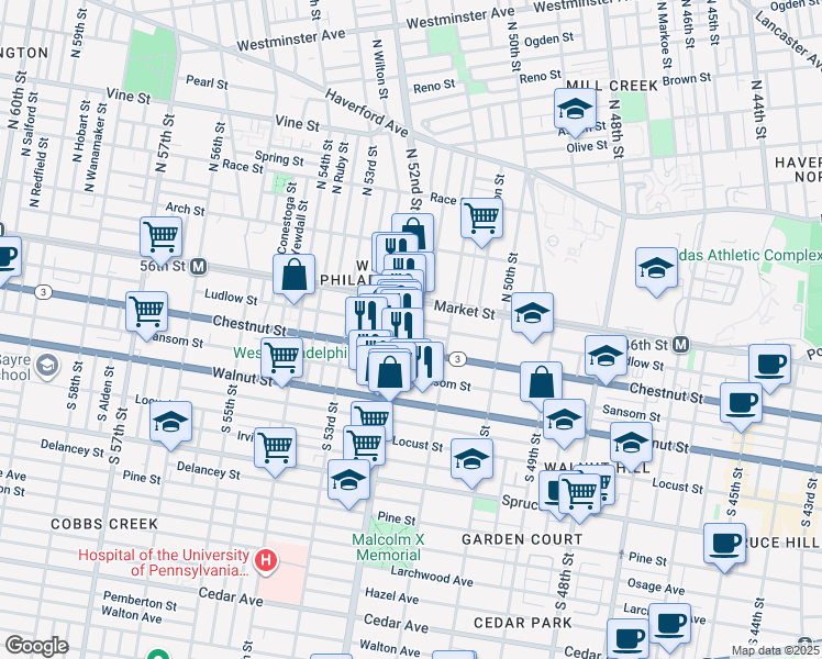 map of restaurants, bars, coffee shops, grocery stores, and more near 47 South 52nd Street in Philadelphia