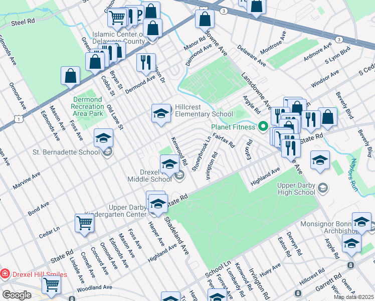 map of restaurants, bars, coffee shops, grocery stores, and more near 935 Fariston Drive in Drexel Hill