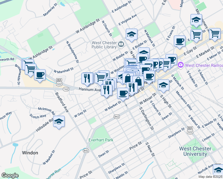 map of restaurants, bars, coffee shops, grocery stores, and more near 321 Hannum Avenue in West Chester