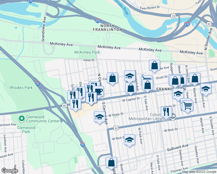 map of restaurants, bars, coffee shops, grocery stores, and more near 31 Hayden Avenue in Columbus
