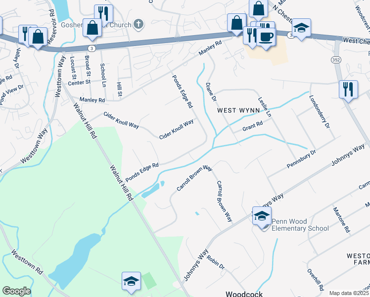 map of restaurants, bars, coffee shops, grocery stores, and more near 1421 Ponds Edge Road in West Chester