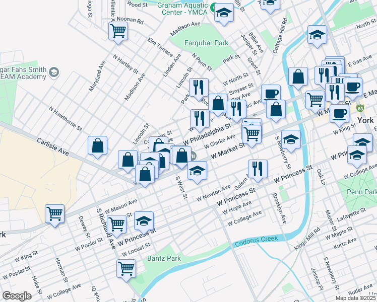map of restaurants, bars, coffee shops, grocery stores, and more near 536 West Philadelphia Street in York