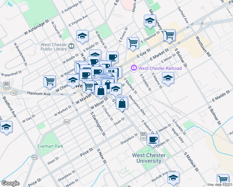 map of restaurants, bars, coffee shops, grocery stores, and more near 32 East Miner Street in West Chester