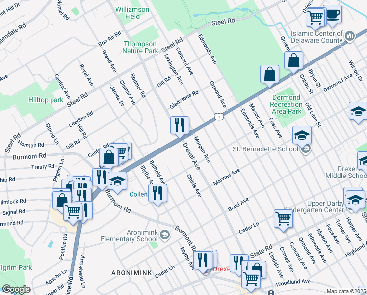map of restaurants, bars, coffee shops, grocery stores, and more near 1224 Drexel Avenue in Drexel Hill