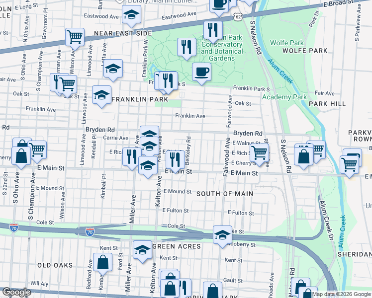 map of restaurants, bars, coffee shops, grocery stores, and more near 414 Berkeley Road in Columbus