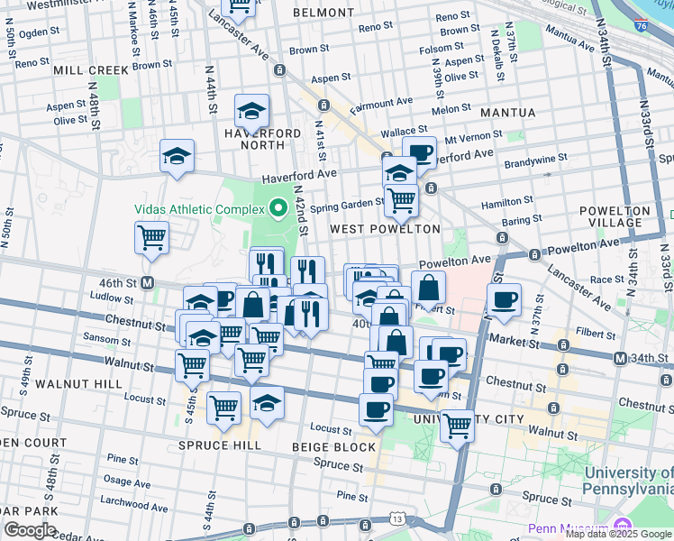 map of restaurants, bars, coffee shops, grocery stores, and more near 303 North 41st Street in Philadelphia