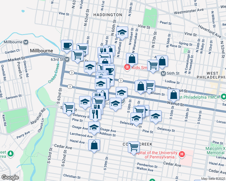 map of restaurants, bars, coffee shops, grocery stores, and more near 5915 Walnut Street in Philadelphia