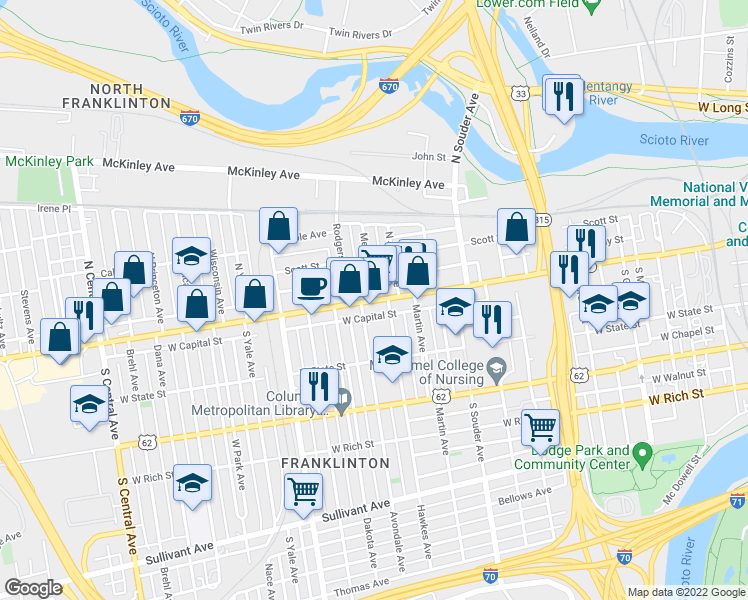 map of restaurants, bars, coffee shops, grocery stores, and more near W Broad St & Meek Ave in Columbus
