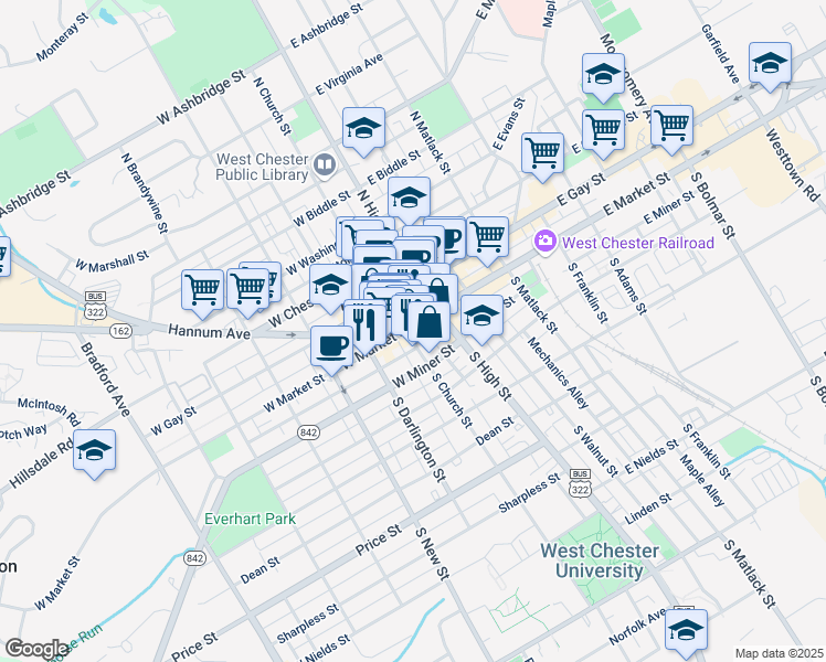 map of restaurants, bars, coffee shops, grocery stores, and more near 116 Market Street in West Chester