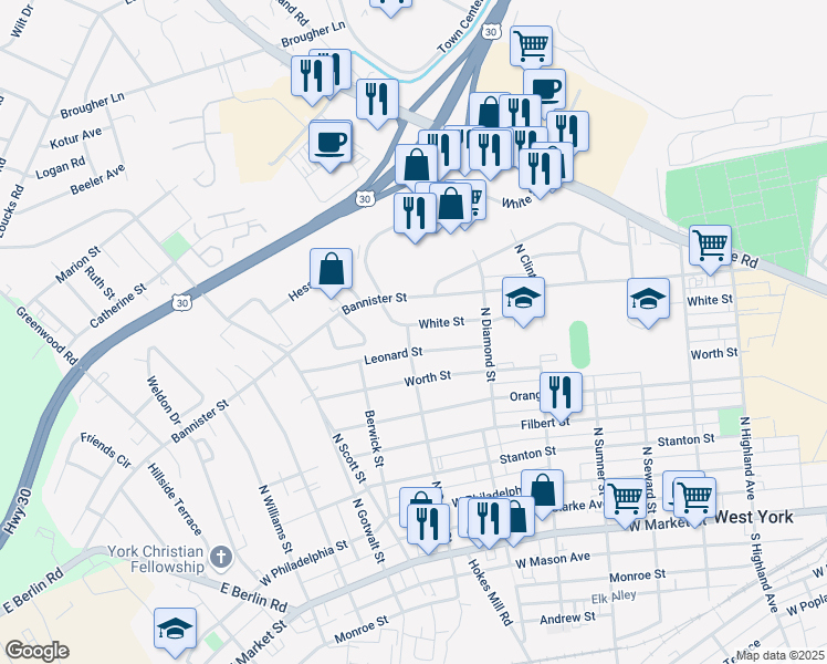 map of restaurants, bars, coffee shops, grocery stores, and more near 2005 Leonard Street in York