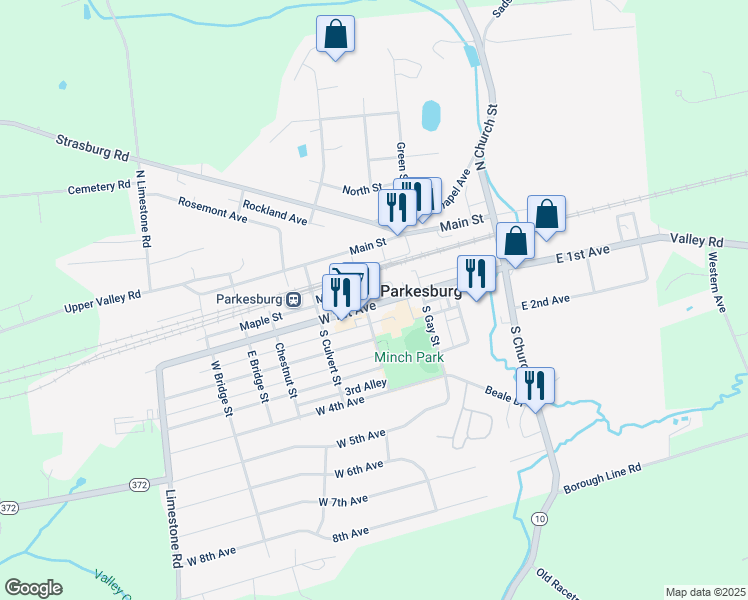 map of restaurants, bars, coffee shops, grocery stores, and more near 345 West 1st Avenue in Parkesburg