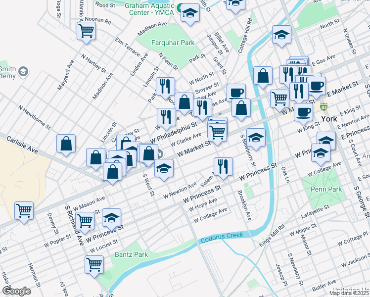 map of restaurants, bars, coffee shops, grocery stores, and more near 461 West Market Street in York