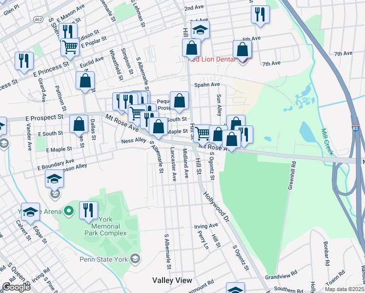 map of restaurants, bars, coffee shops, grocery stores, and more near 1220 Mount Rose Avenue in York