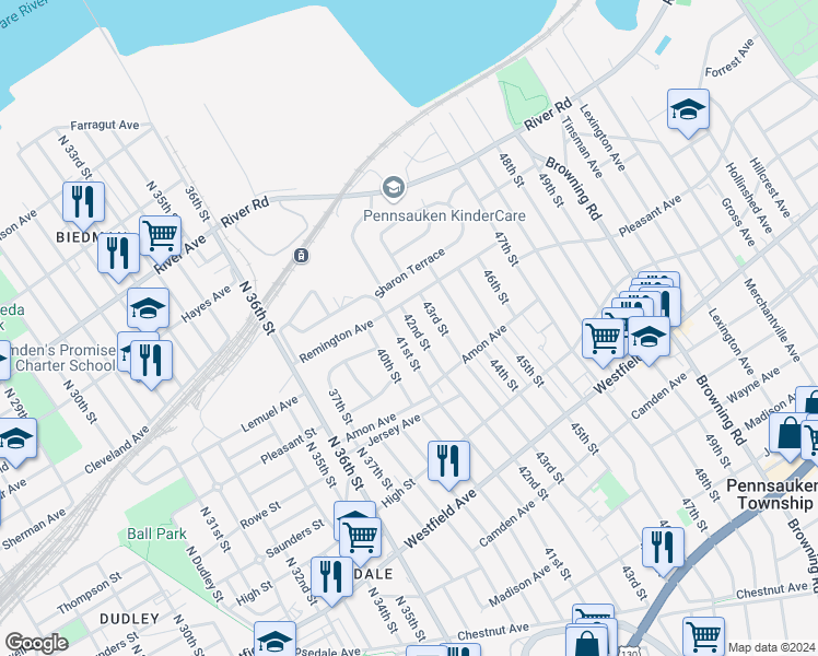 map of restaurants, bars, coffee shops, grocery stores, and more near 1629 North 42nd Street in Pennsauken Township