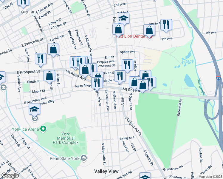 map of restaurants, bars, coffee shops, grocery stores, and more near 1220 Mount Rose Avenue in York