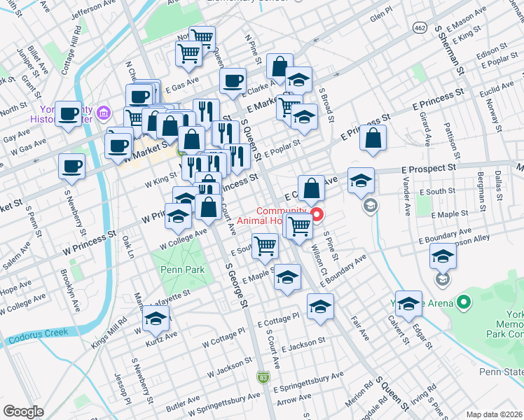 map of restaurants, bars, coffee shops, grocery stores, and more near 142 East Church Avenue in York