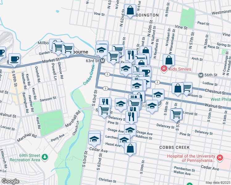 map of restaurants, bars, coffee shops, grocery stores, and more near 6144 Walnut Street in Philadelphia
