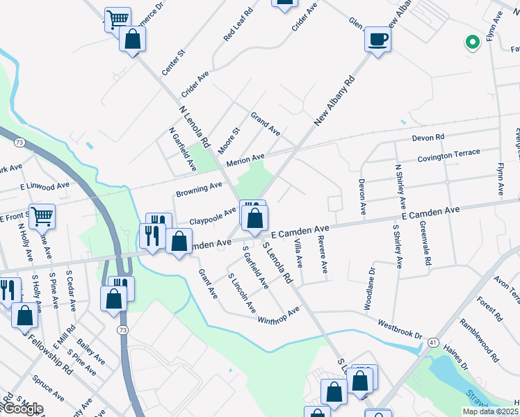 map of restaurants, bars, coffee shops, grocery stores, and more near 18 New Albany Road in Moorestown