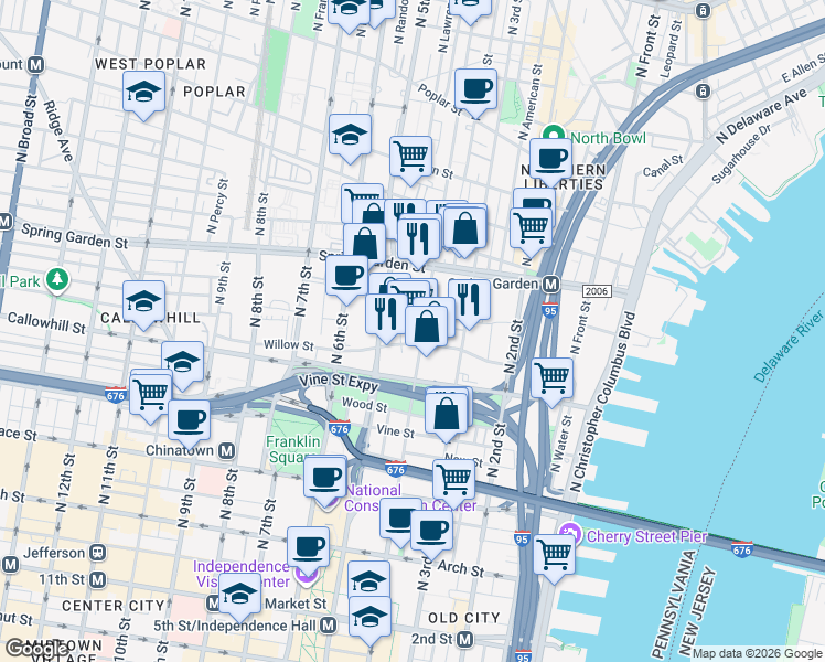 map of restaurants, bars, coffee shops, grocery stores, and more near in Philadelphia