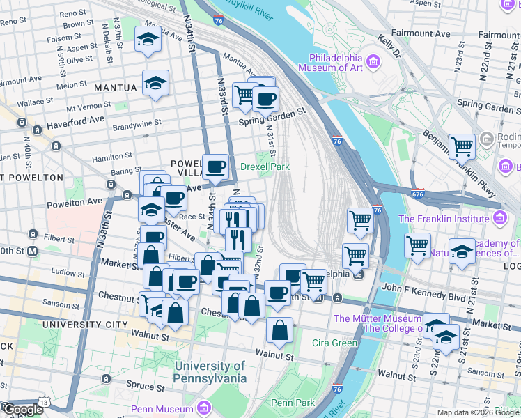 map of restaurants, bars, coffee shops, grocery stores, and more near 3200 Race Street in Philadelphia