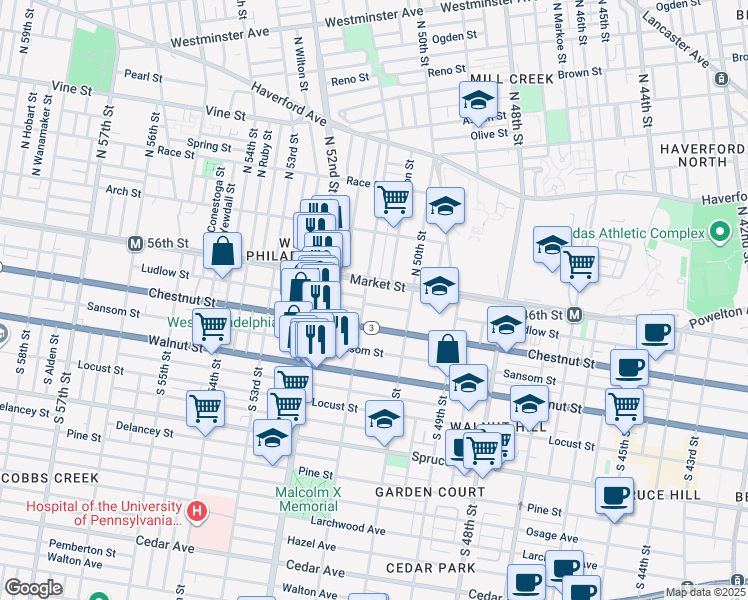 map of restaurants, bars, coffee shops, grocery stores, and more near 5028 Ludlow Street in Philadelphia