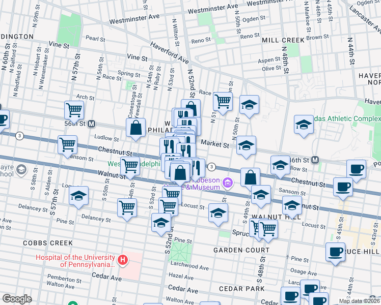 map of restaurants, bars, coffee shops, grocery stores, and more near 47 South 52nd Street in Philadelphia