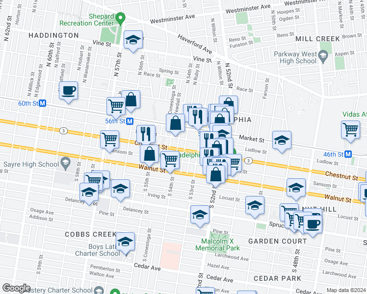 map of restaurants, bars, coffee shops, grocery stores, and more near 106 South Peach Street in Philadelphia