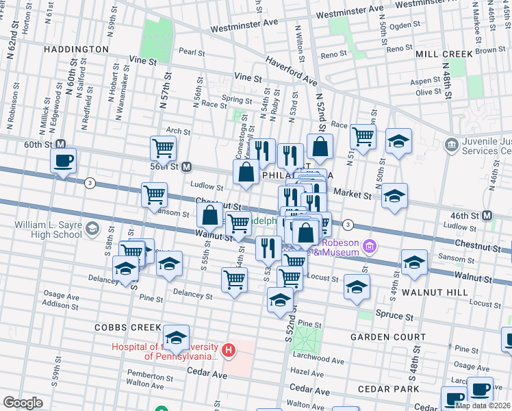 map of restaurants, bars, coffee shops, grocery stores, and more near 106 South Peach Street in Philadelphia