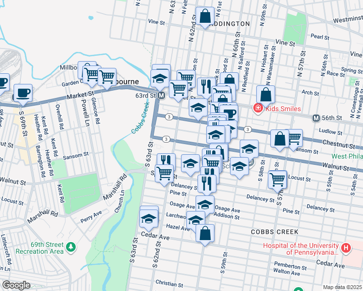map of restaurants, bars, coffee shops, grocery stores, and more near 6144 Walnut Street in Philadelphia