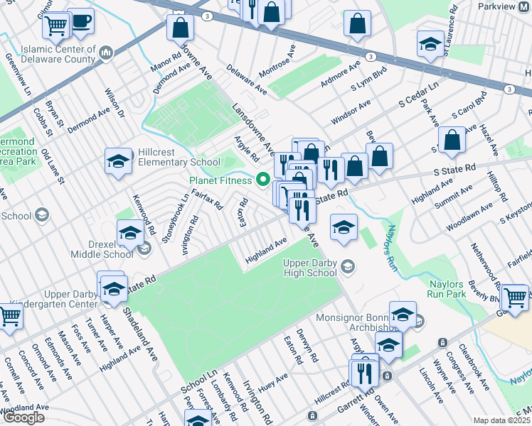 map of restaurants, bars, coffee shops, grocery stores, and more near 741 Derwyn Road in Drexel Hill