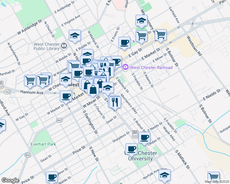 map of restaurants, bars, coffee shops, grocery stores, and more near 206 South Walnut Street in West Chester
