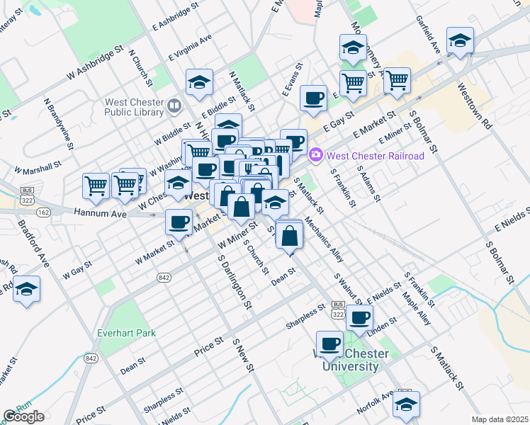 map of restaurants, bars, coffee shops, grocery stores, and more near 109 South High Street in West Chester