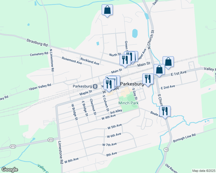 map of restaurants, bars, coffee shops, grocery stores, and more near 426 Maple Street in Parkesburg