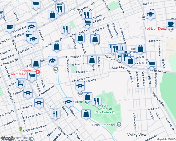 map of restaurants, bars, coffee shops, grocery stores, and more near 807 East Boundary Avenue in York