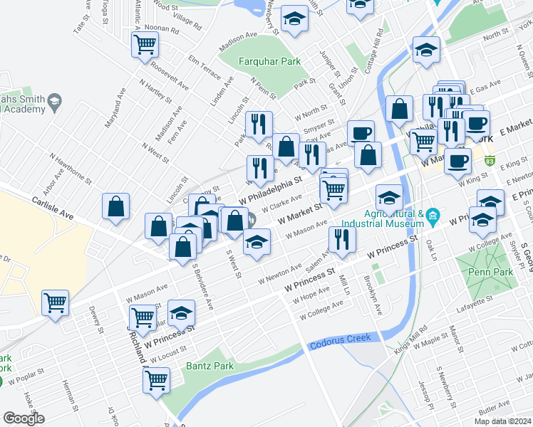 map of restaurants, bars, coffee shops, grocery stores, and more near 484 West Market Street in York
