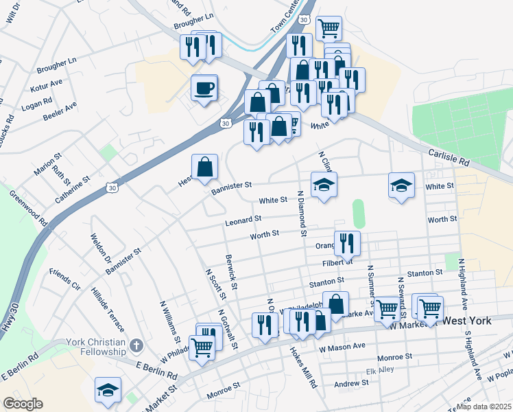 map of restaurants, bars, coffee shops, grocery stores, and more near 2005 Leonard Street in York