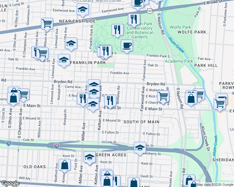 map of restaurants, bars, coffee shops, grocery stores, and more near 414 Berkeley Road in Columbus
