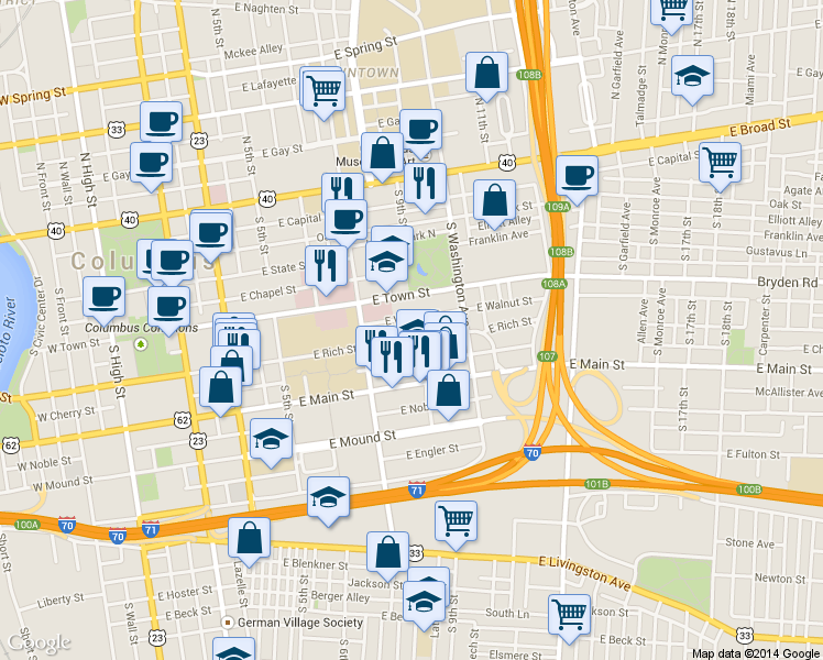 map of restaurants, bars, coffee shops, grocery stores, and more near 387 East Rich Street in Columbus
