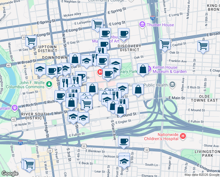 map of restaurants, bars, coffee shops, grocery stores, and more near 333 East Rich Street in Columbus