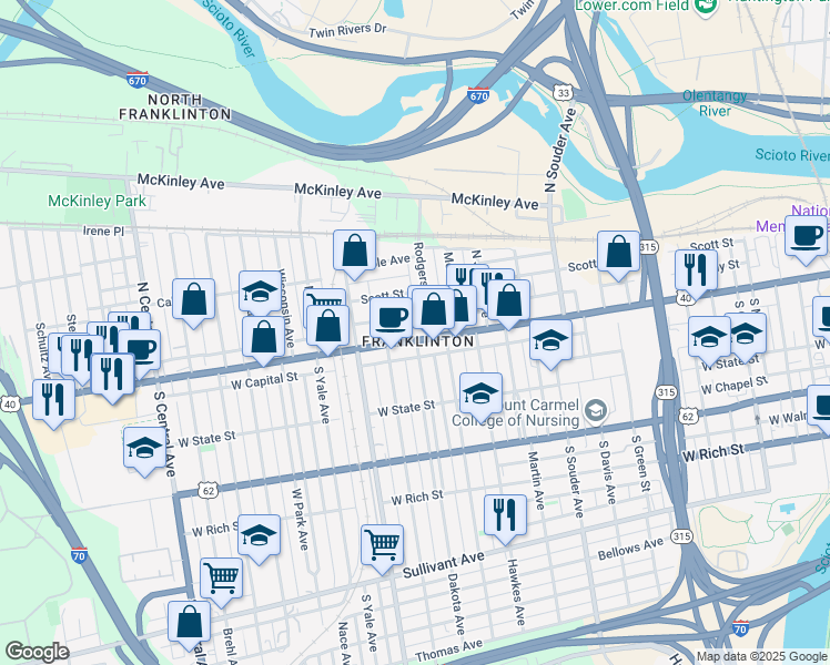 map of restaurants, bars, coffee shops, grocery stores, and more near in Columbus