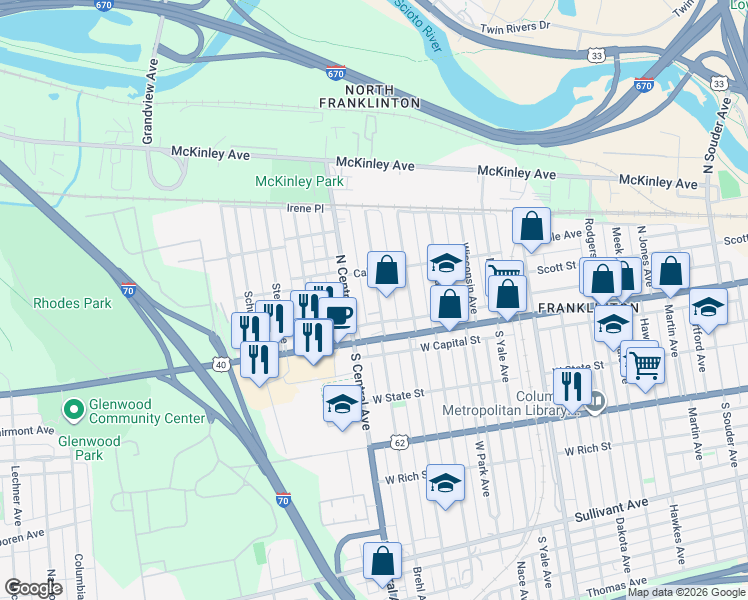 map of restaurants, bars, coffee shops, grocery stores, and more near 31 Hayden Avenue in Columbus
