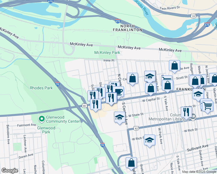 map of restaurants, bars, coffee shops, grocery stores, and more near 49 North Guilford Avenue in Columbus