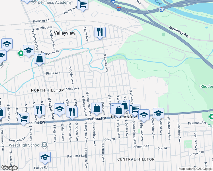 map of restaurants, bars, coffee shops, grocery stores, and more near 148 North Eureka Avenue in Columbus