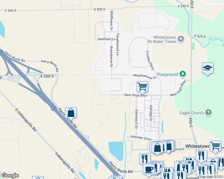 map of restaurants, bars, coffee shops, grocery stores, and more near 5799 Hemlock Drive in Whitestown