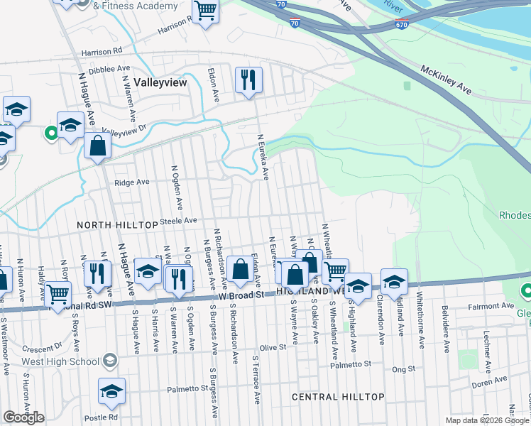 map of restaurants, bars, coffee shops, grocery stores, and more near 148 North Eureka Avenue in Columbus