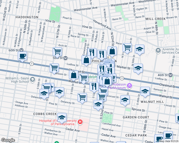 map of restaurants, bars, coffee shops, grocery stores, and more near 106 South Peach Street in Philadelphia