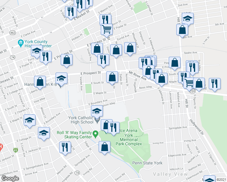 map of restaurants, bars, coffee shops, grocery stores, and more near 636 Bergman Street in York