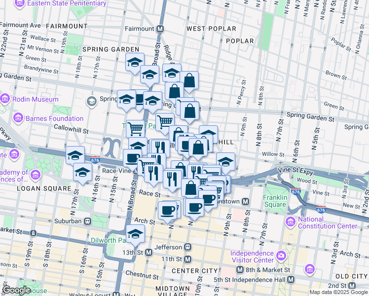 map of restaurants, bars, coffee shops, grocery stores, and more near 1200 Callowhill St in Philadelphia