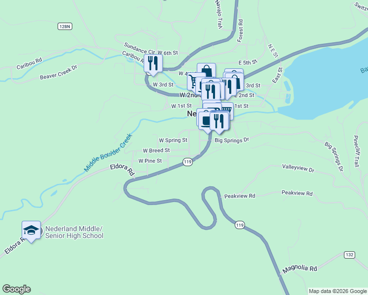 map of restaurants, bars, coffee shops, grocery stores, and more near 228 Pine Street in Nederland